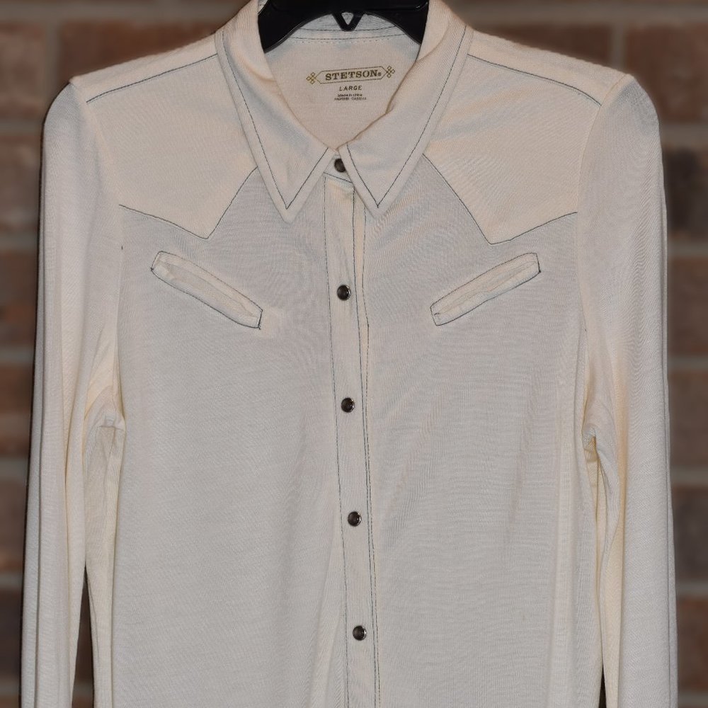 Stetson Shirt Long Sleeve Womens L Large Beige Western Pearl Snap Long Sleeve